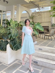 Đầm nữ công sở cổ vuông dáng dài xòe thanh lịch thiết kế cao cấp xanh xinh đi làm đi tiệc eo tôn dán