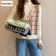 VmewSher New Argyle Plaid Autumn Women Sweater Vest Fashion Slim V Neck Knitted Sleeveless Top Femal