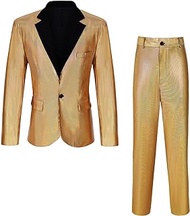 Men's Metallic Sequin Slim Suit Two-Piece Set Outfit 70s Disco Prom Costume