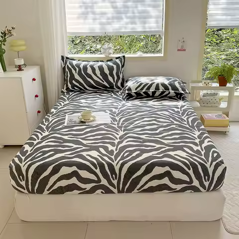 Bed Sheet with Elastic Band Zebra Stripes Printed Fitted Bed Sheet Queen Size Bed Sheets Sets High Q