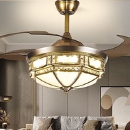 Copper Fan Lamp led42Inch New Chinese Style Wind Invisible Ceiling Fan Lights American Simple Dining Room Bedroom Chandelier