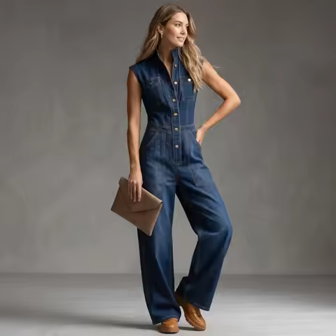 UOOZEE 2026 New Women Fashion Pockets Buttons Denim Jumpsuits Sleeveless High Waisted Wide Leg Casua