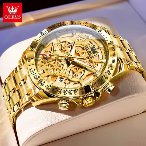 OLEVS Original Luxury Men's Watch Chronometer Waterproof Gold Quartz Watch for Men Calendar Stainles