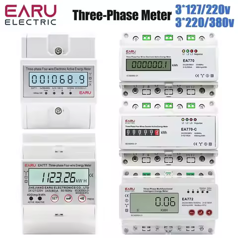 Three Phase Four Wires Eelectronic Active Energy Meter kWh Power Consumption Monitor DIN Rail 50/60H