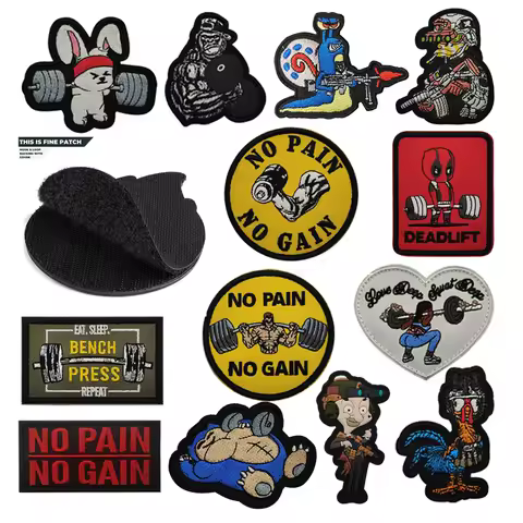 New No Pain No Gain Fitness Bench Press Embroidery Patch Deadlift Gorilla Dumbbell Barbell Badge wit