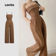 Lovito Elegant Jumpsuit Pocket Spring/summer Khaki Jumpsuit for Women LBL28090