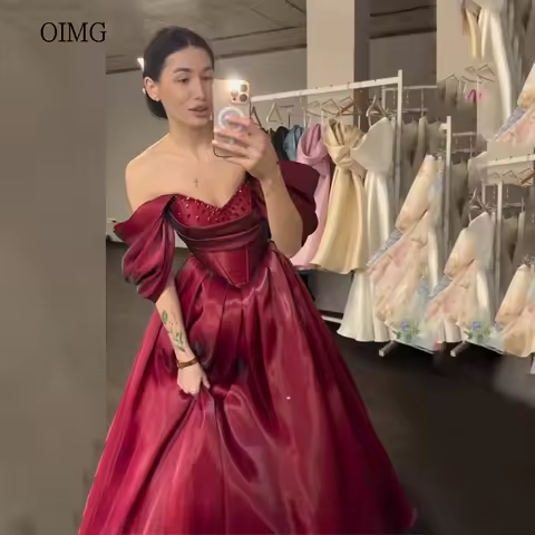 OIMG Opulent Red Off The Shoulder A Line Prom Gowns Beaded Party Gown Floor Length Evening Dress ves