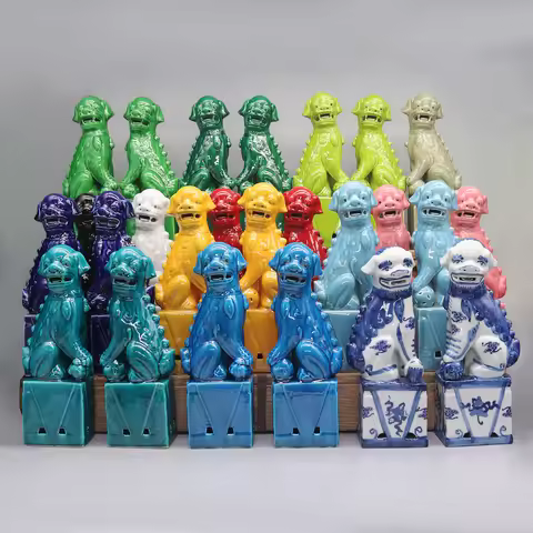 Pair of Foo Dogs, Fu Dogs, Buddha Dogs, Chinese Guardian Lions, Ceramic Sculpture, Home Decoration