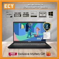 MSI Modern 14 C7M-412 Laptop (R7-7730U 4.5GHz,16GB D4,512GB SSD,ATI,14" FHD,W11,HS21) - Black