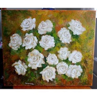 Roses Flowers Original Art Oil Painting Wall Decor White Wild Roses