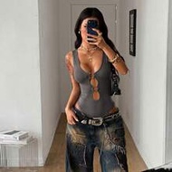 Women's Summer Streetwear Rave Outfit Music Festival Y2K Gyaru Cut Out Stretchy Grey Jumpsuits,Gradu
