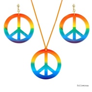 fol Fashion Hippie Costume Jewelry Set 60s 70s Rainbow Peace Sign Pendant Necklace Earring Decoration  for Friend Sister