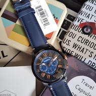 Fossil FS5061 Grant Chronograph Watch with Multicolor Dial and Black Ion-Plated Case in Blue Leather