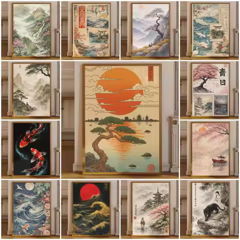 Waterfall Mountain Poster Japanese Watercolor Landscape Print Cherry Blossom Valley Wall Art Misty R