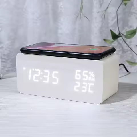 Digital Alarm Clock With Wireless Charging Home LED Small Bedside Clock With Temperature And Humidit
