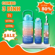 Combo of 3 graduated water bottles to remind you to drink water, 2 Liter, 900ml, 300ml water bottles