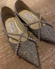 Jimmy Choo 銀色閃粉水晶平底鞋