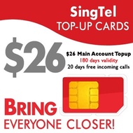 Singtel SGD26 hi Top-up (Main Account Topup 180 days validity 20 days free incoming calls)