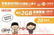 中國聯通 - 8日通話【星馬泰印】(每日2GB) 新加坡、馬來西亞、泰國、印尼 5G/4G 無限上網卡數據卡Sim卡電話咭[H20]