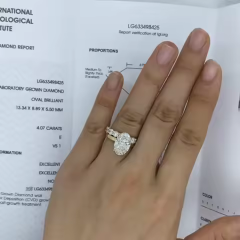 14K Yellow Gold Ring Sets Oval Cut 4CT DEF Lab Grown Diamond Engagement Ring CVD HPHT Lab Diamond En