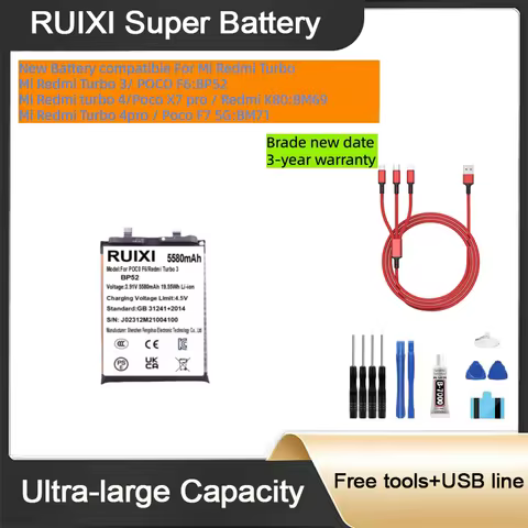 RUIXI Ultra Large Capacity Battery For Mi Redmi Turbo 3/POCO F6/Turbo 4/Poco X7 pro/Redmi K80/Turbo 
