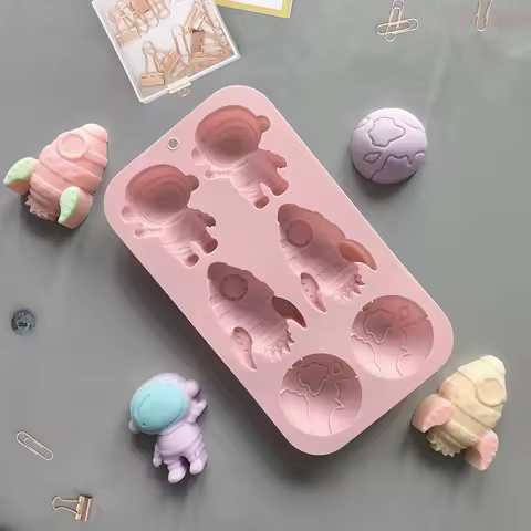 [E] 6-hole Cartoon Astronaut Rocket Shaped Silicone Mold Chocolate Dessert DIY Handmade Candle Soap 