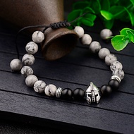Natural Map Stone Black Agate Bracelet Classic Men's Jewelry Charm Warrior Helmet Beads Adjustable B