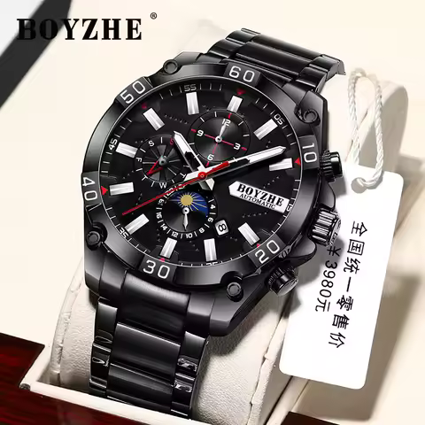 Watches Mens BOYZHE Top Brand Luxury Mechanical Watch for Men Stainless Steel Sport Waterproof Moon 