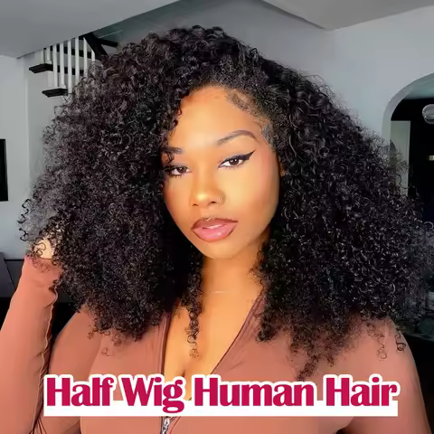 250% 3 In 1 Half Wigs Human Hair Burmese 3C4A Curly Glueless Wig 3C4A Burmese Natural Curly Adjustab