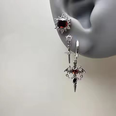3-piece Demon Red Heart Wing Earrings - Retro, Niche, Unique, Lightweight Luxury, Personalized Jewel