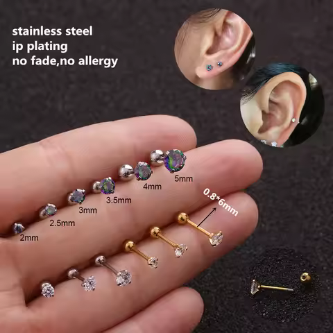 1 PC Lot Slim Ear Needle Bar 0.8*6mm Stainless Steel Screw-back Round Zircons Stud Earrings 2mm to 5