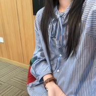 [Ready Stock] Autumn Popular Commuter Striped Shirt Female Temperament Fashionable Lace-Up Bow Shirt