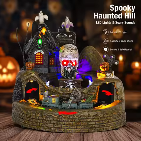 Halloween Holiday Village Train Decor with LED Lights Music Spooky Ghost & Skeleton Figurines, Festi