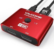 Vilcome DisplayPort Switch 8K Splitter, Plug &amp; Play, One-Button Switching, Bidirectional Display Port Switcher Box 2 in 1 Out/ 1 in 2 Out, 8K@60Hz, 4K@120Hz, 1080P@240Hz for PC Monitor Laptop (Red)