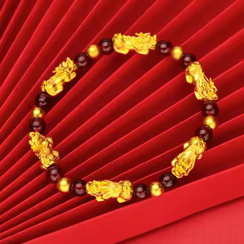 Women's 24K Gold (AU999) Pi Xiu Prayer Bead Bracelet | Matte-Gilt Two-Tone Pi Xiu, Chiseled Heart Su