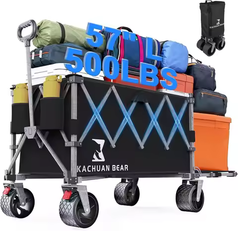 57" L Large Collapsible Foldable Wagon with Tailgate & Brake, 500LBS Heavy Duty Beach Wagons with Al