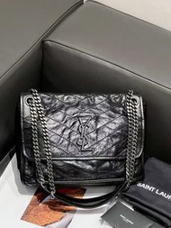 ✨YSL Saint Laurent Niki復古褶皺小牛皮斜挎單肩包 中號 女款 黑色