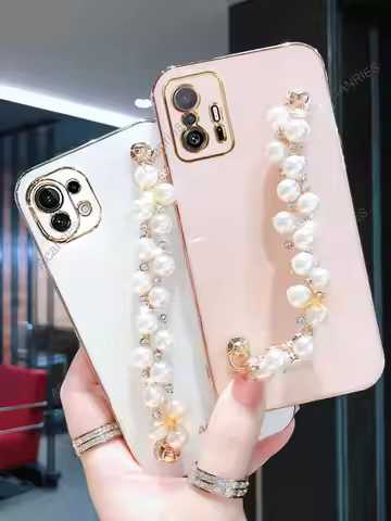 Luxury Plating Diamond Pearl Bracelet Chain Case For Xiaomi Mi 11 Lite 5g Ne 11T Pro Mi11 T 12 Wrist
