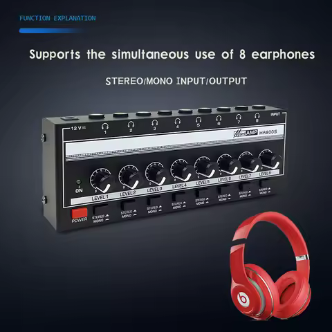 HA800S 8-Channel-Headphone Amplifier Ultra Compact Stereo Audio Headphone Amplifier With Power Adapt