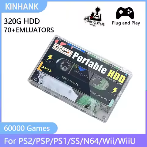 Kinhank Portable External Game HDD Batocera38 320G Hard Drive For PS2/PSP/PS1/SS/N64/Wii/WiiU with 6