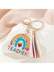 1入鮮色流蘇設計鉛筆造型木質鑰匙扣，搭配鋅合金教師蘋果心形吊墜，是給老師和學生的不錯禮物Boho風格