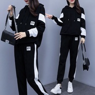 2 Pcs/set Korean Fashion Casual Women's Black and White Set Wear Lady Tracksuit Top and Bottom (Swea