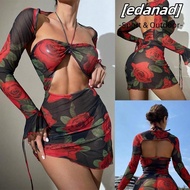 EDANAD Woman Swimsuit, One-piece Sexy Swimwear,  Padded Bra Rose Print V-neck Bikini Set Woman Beach Wear