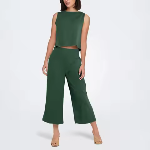 Women'S Casual Urban Back Button Sleeveless Simple Wide Leg Pants Set Seven-Half Bell Bottoms Pocket