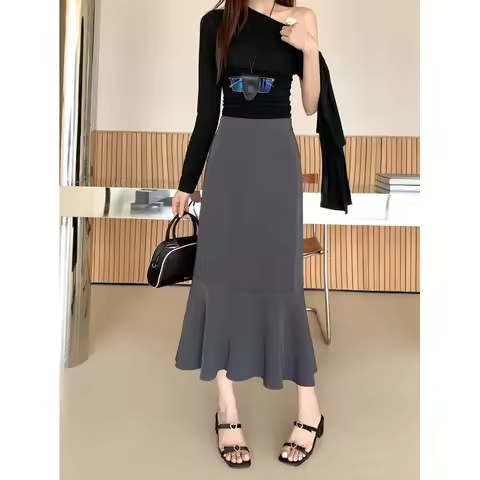 Plus Size Plus Size Korean Style High Waist Midi Skirt Concealing Meat Fish Tail Skirt Spring Fashio