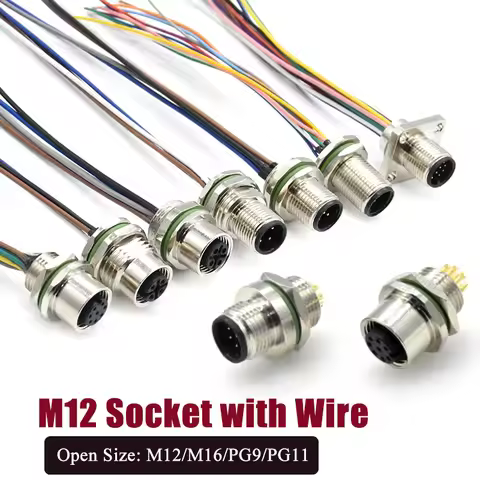 Waterproof M12 2 3 4 5 6 8 12 Pin Connector Cable IP67 Panel Front/Rrear Scoket Line Thread M12/M16/
