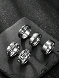 5 Pieces Fashionable Design Stainless Steel Splicing Text Romaji Elements Decoration Men'S Ring Set 