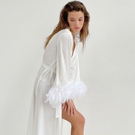 225Autumn women's pajamas, cardigan-style feather satin robe, loose long European and American style