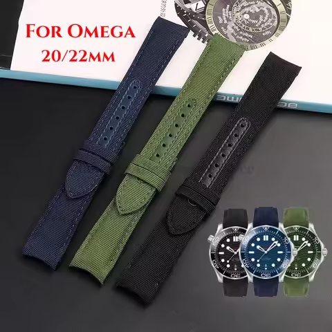 20mm 22mm Curved End Nylon Canvas Leather Watch Strap for Omega Planet Ocean Seamaster 300 Belt Men 