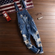 Summer Slim-fit Ripped 9-Point Jeans Men Women Same Style Overalls Unique Suspenders Men Overall